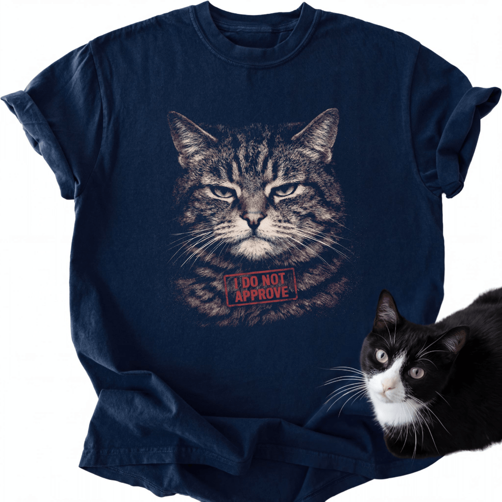 Navy blue I Do Not Approve cat graphic tee with stern tabby face design