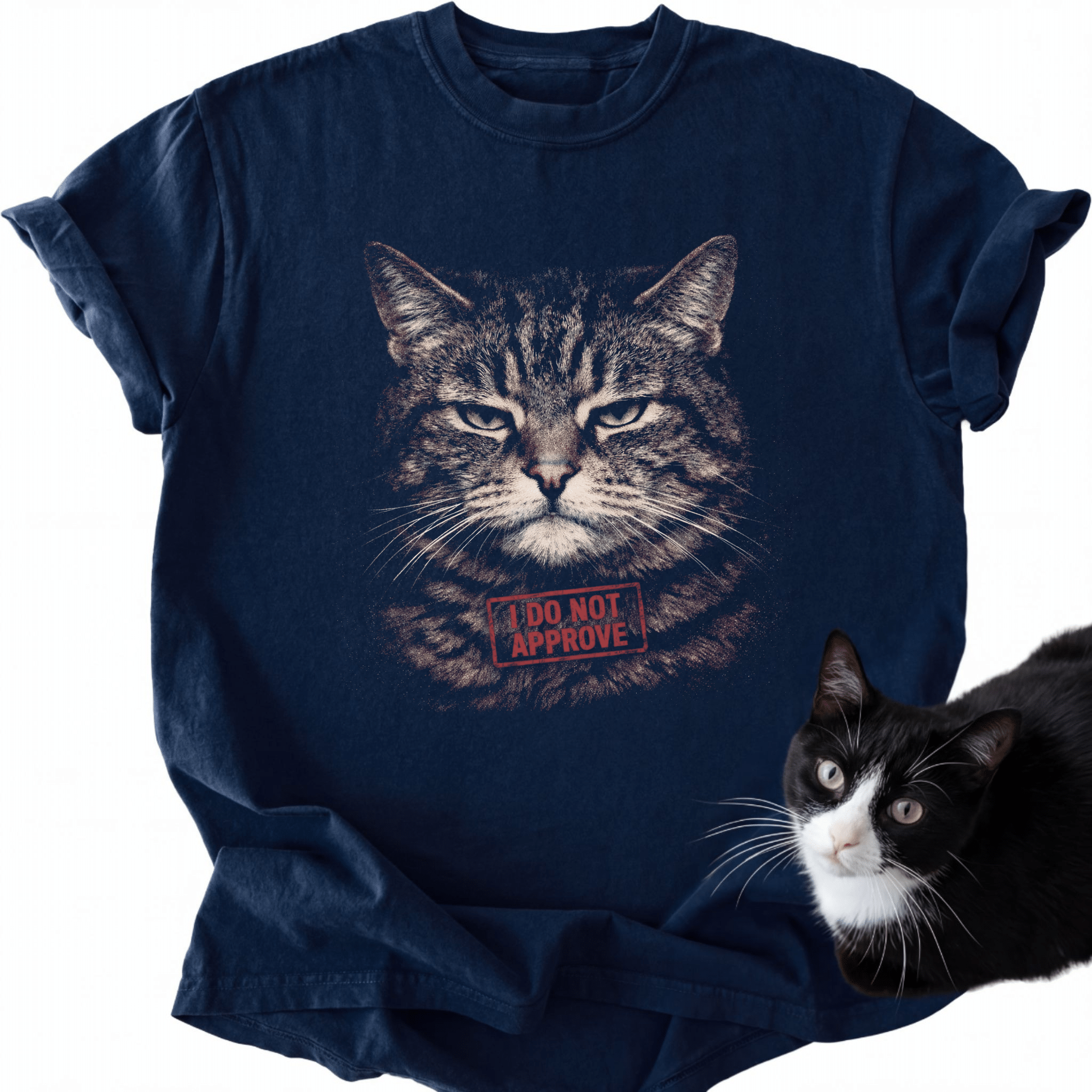Navy blue I Do Not Approve cat graphic tee with stern tabby face design