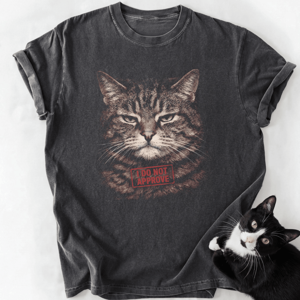 Dark gray heathered I Do Not Approve cat t-shirt featuring stern tabby graphic