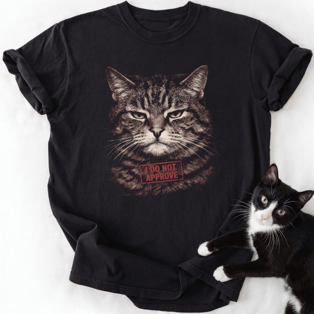 Black I Do Not Approve cat graphic tee with stern tabby face and red stamp