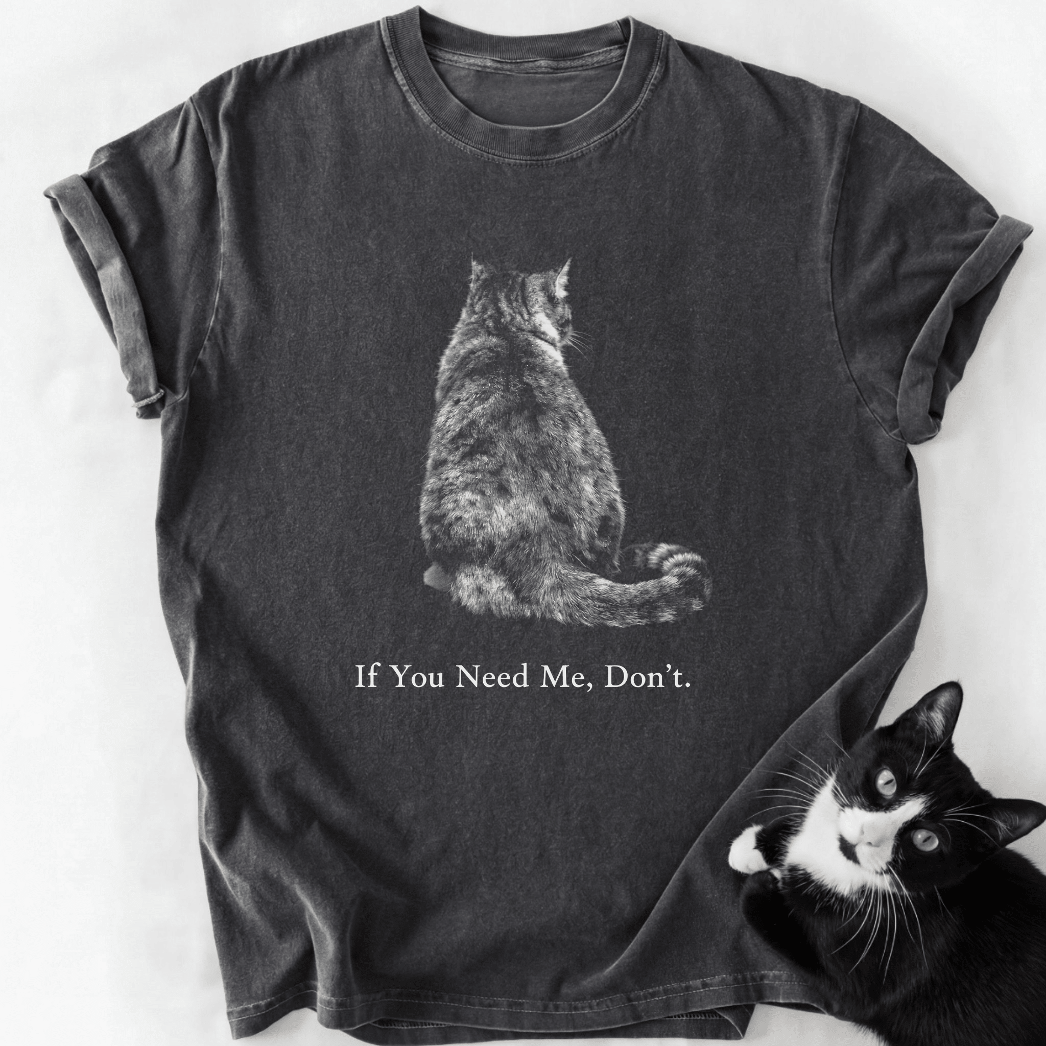 Dark gray soft-washed cat dad shirt with 'If You Need Me, Don't' print