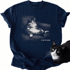 Navy blue ring-spun cotton t-shirt with classic crew neck and cat lover graphic print