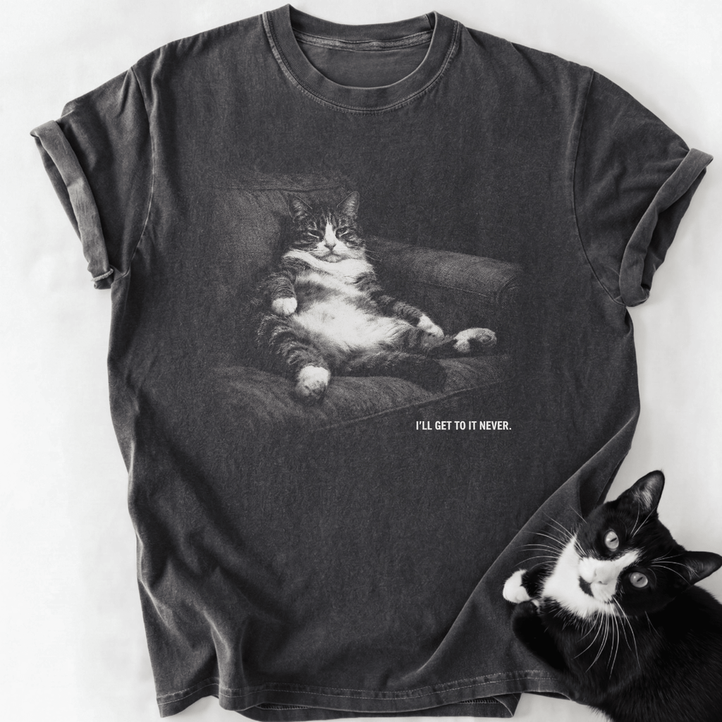 Dark gray garment-dyed t-shirt with vintage tabby cat graphic and 'I'll Get To It Never' text