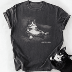 Dark gray garment-dyed t-shirt with vintage tabby cat graphic and 'I'll Get To It Never' text