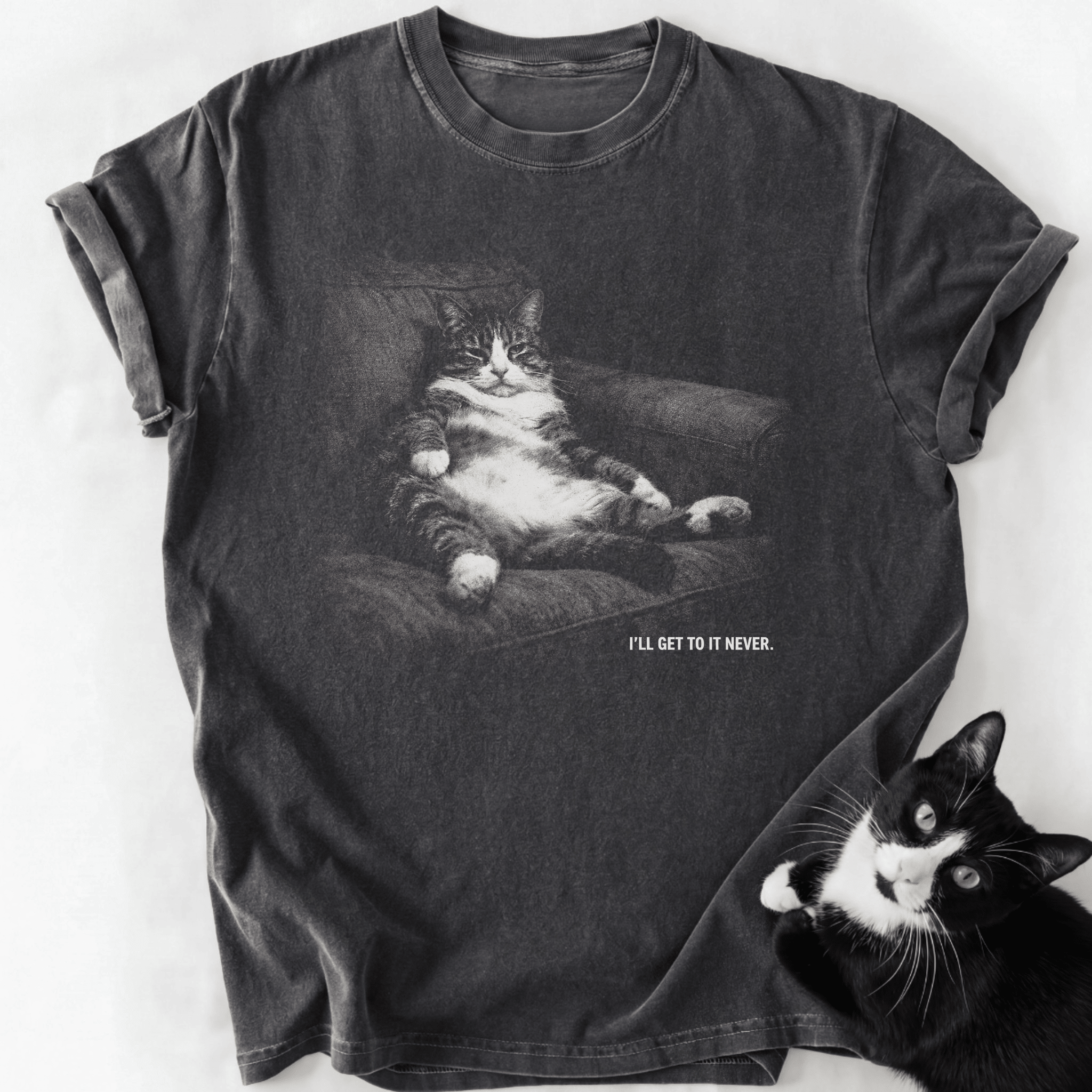 Dark gray garment-dyed t-shirt with vintage tabby cat graphic and 'I'll Get To It Never' text
