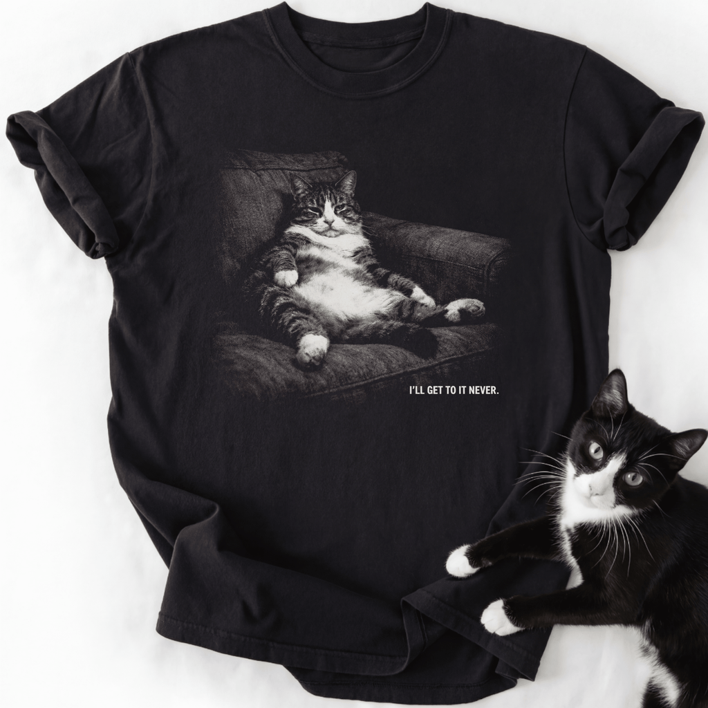 Black short sleeve tee featuring relaxed fit cat in armchair design and humorous quote