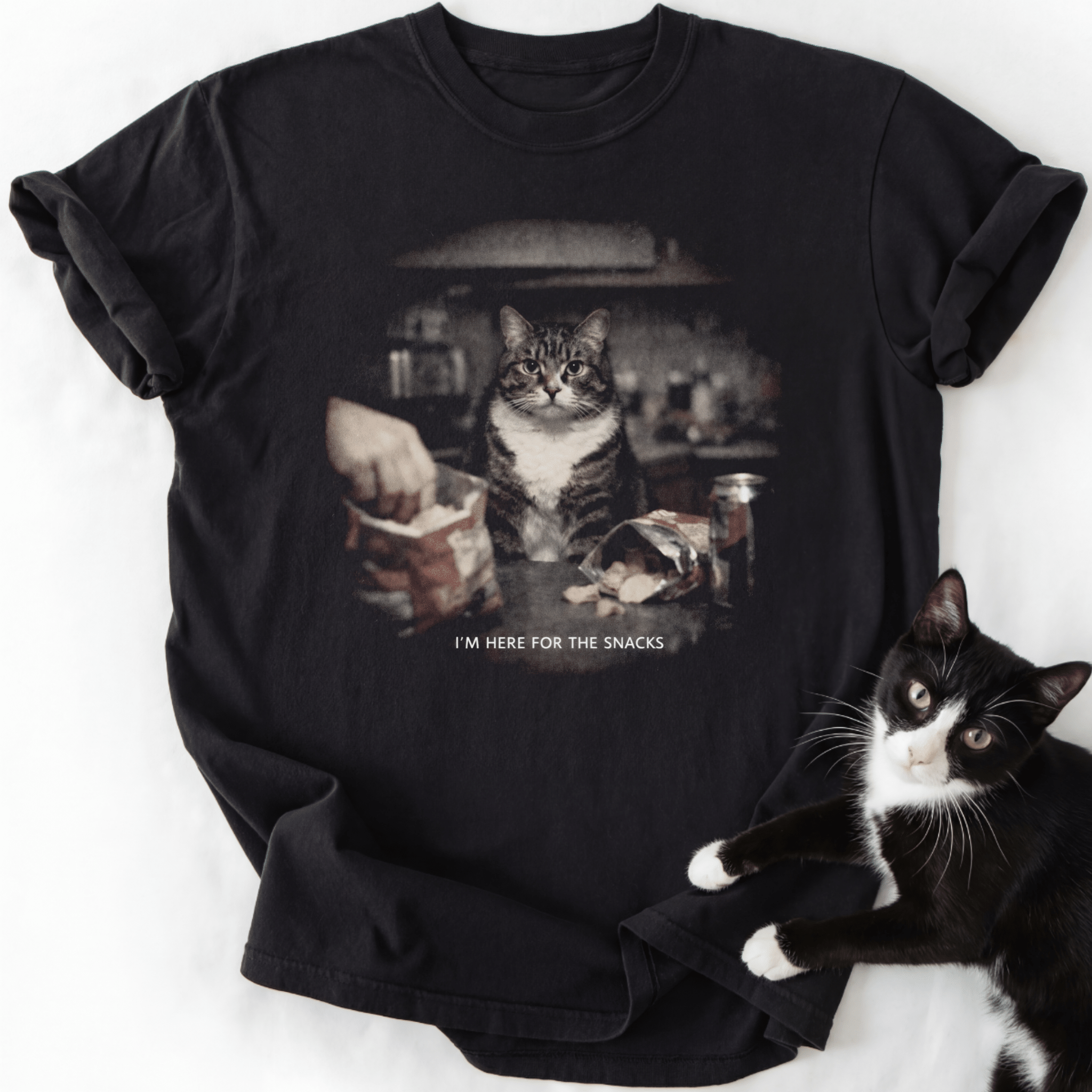 Black 'I'm Here For The Snacks' cat lover graphic tee