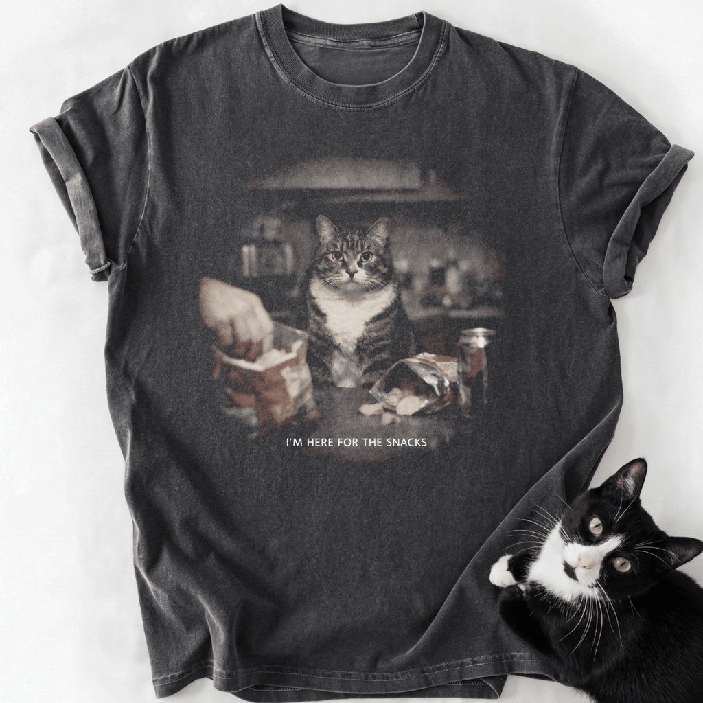 Dark gray vintage cat snack graphic t-shirt with relaxed fit