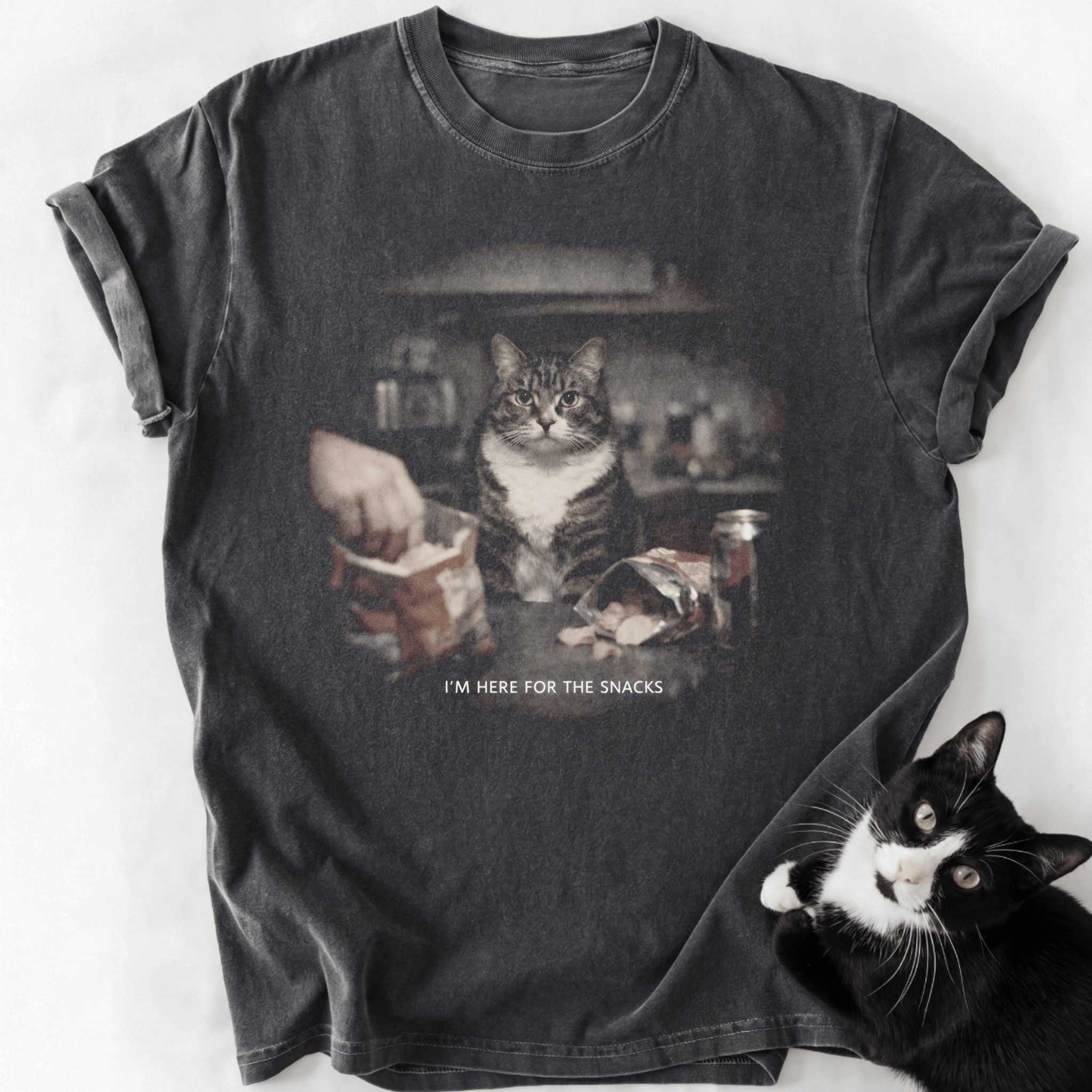 Dark gray vintage cat snack graphic t-shirt with relaxed fit