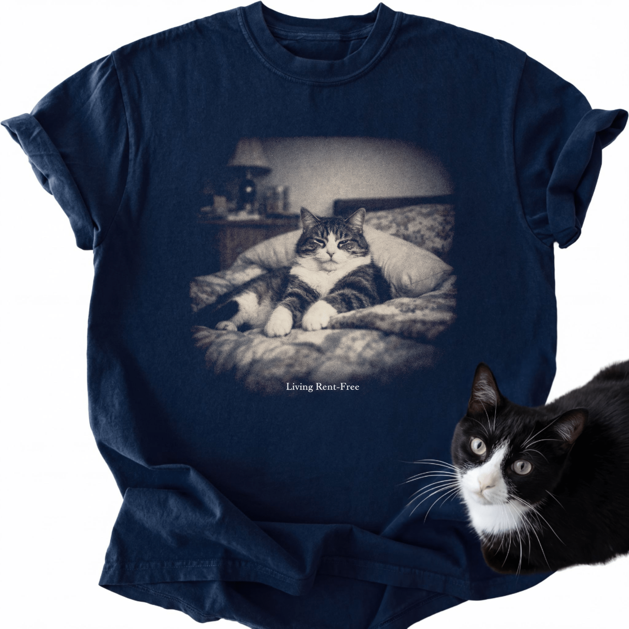 Navy blue vintage tabby cat photo t-shirt featuring Living Rent-Free slogan