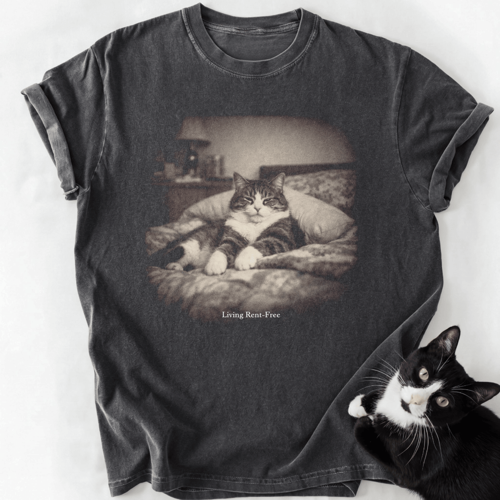 Dark gray vintage cat graphic tee with Living Rent-Free text and soft-washed cotton
