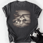 Dark gray vintage cat graphic tee with Living Rent-Free text and soft-washed cotton