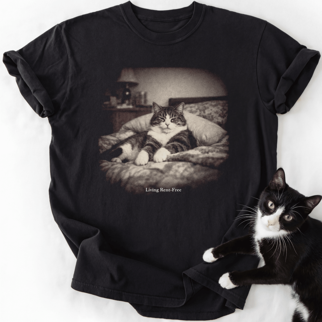 Black relaxed fit cat lover t-shirt with sepia vintage photo and white text