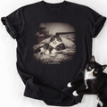 Black relaxed fit cat lover t-shirt with sepia vintage photo and white text