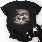 Black relaxed fit cat lover t-shirt with sepia vintage photo and white text