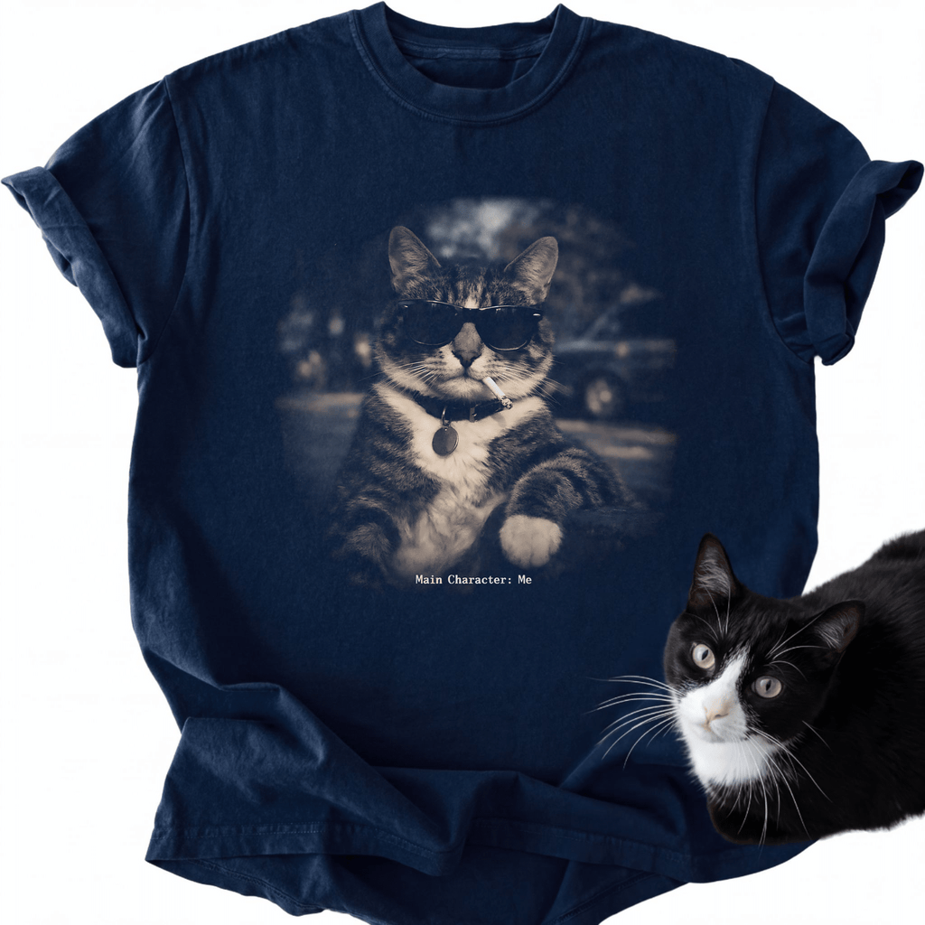Navy blue vintage cat graphic tee featuring 'Main Character Me' text and sunglasses tabby