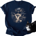 Navy blue vintage cat graphic tee featuring 'Main Character Me' text and sunglasses tabby