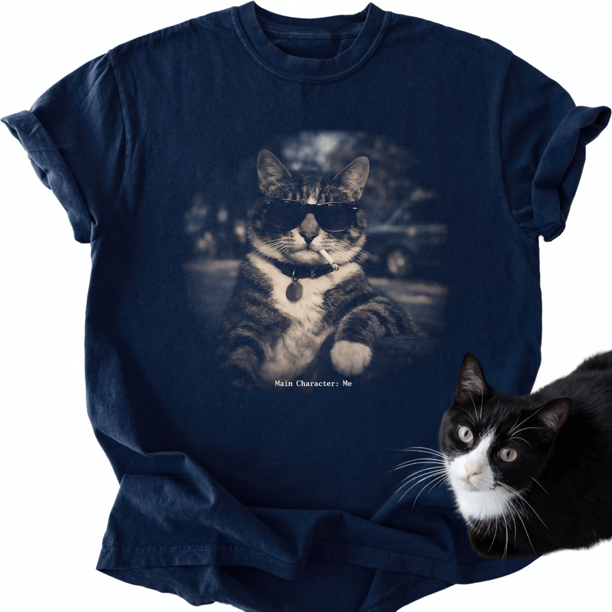 Navy blue vintage cat graphic tee featuring 'Main Character Me' text and sunglasses tabby