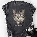 Dark gray garment-dyed t-shirt featuring winking cat graphic and 'Make It Quick Human' slogan