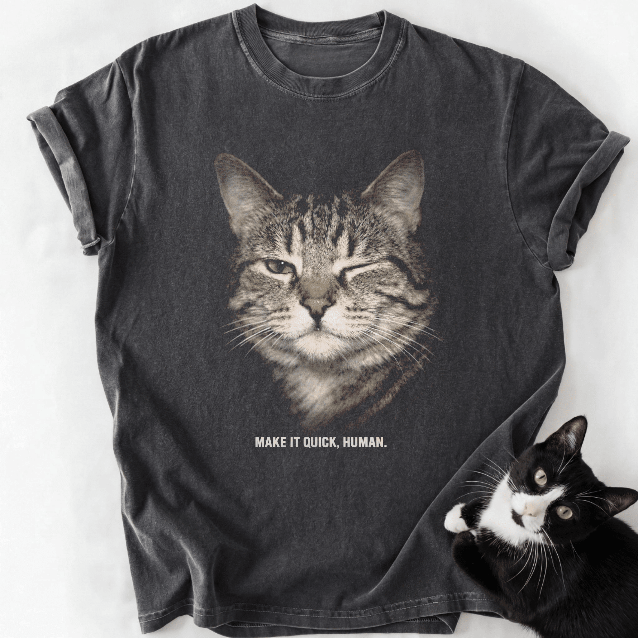 Dark gray garment-dyed t-shirt featuring winking cat graphic and 'Make It Quick Human' slogan