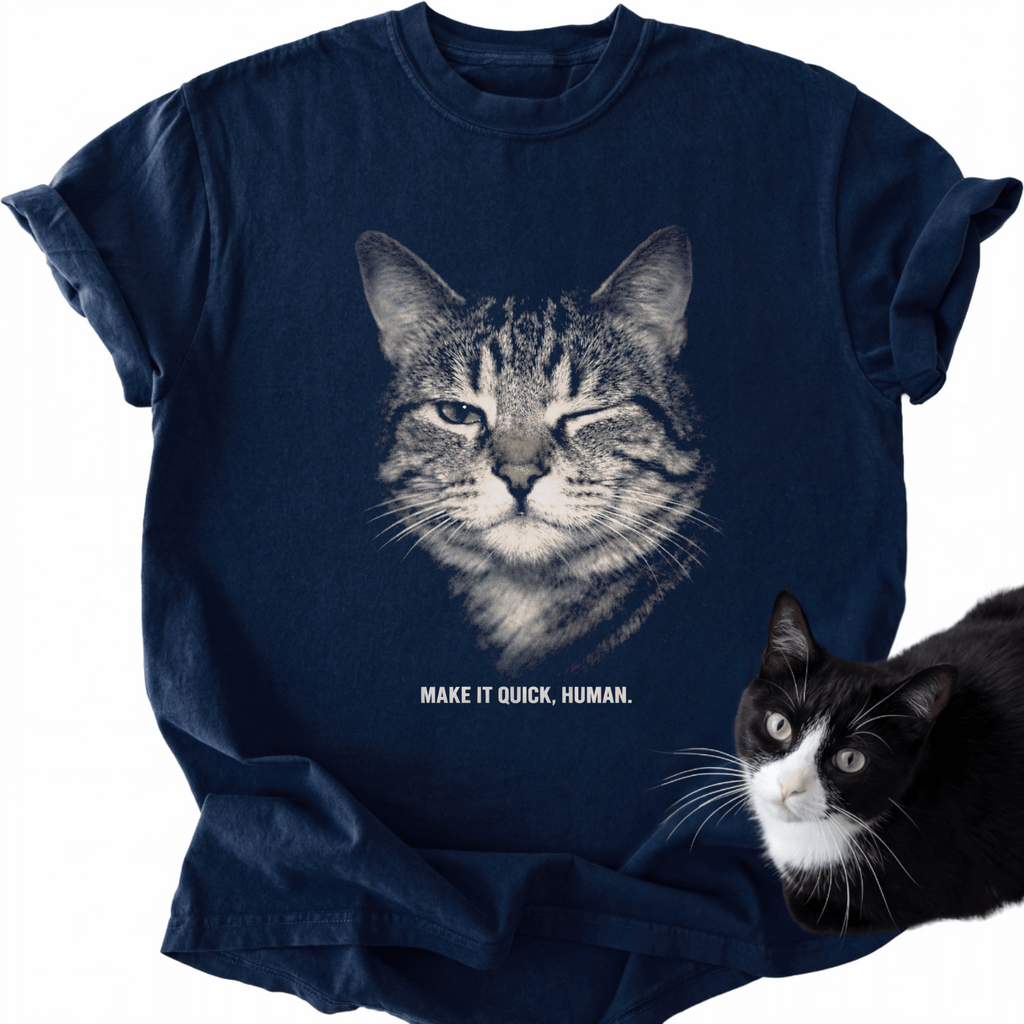 Navy blue men's graphic tee with winking tabby cat and 'Make It Quick Human' text