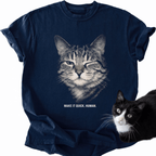 Navy blue men's graphic tee with winking tabby cat and 'Make It Quick Human' text