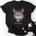 Black crew neck t-shirt with winking tabby cat design and 'Make It Quick Human' print