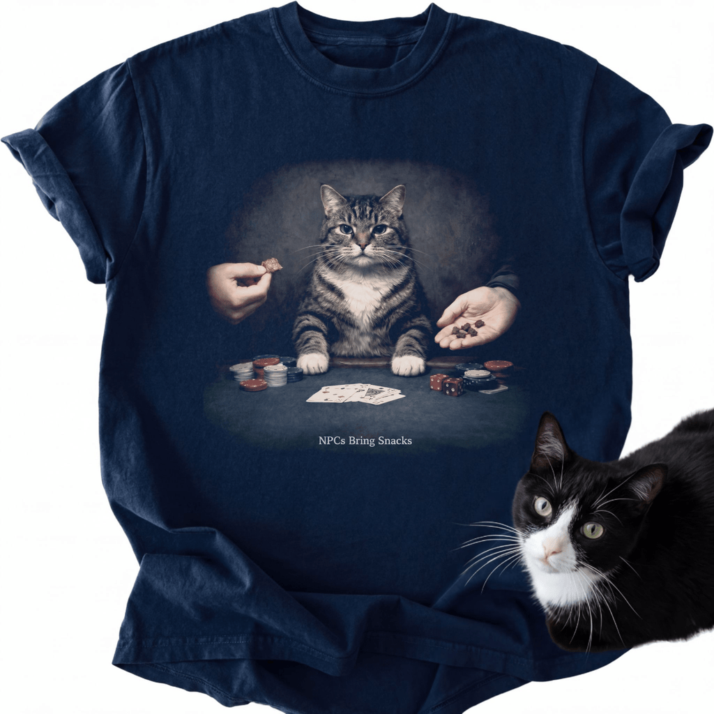 Dark navy cat graphic tee with 'NPCs Bring Snacks' text and poker scene