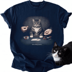 Dark navy cat graphic tee with 'NPCs Bring Snacks' text and poker scene