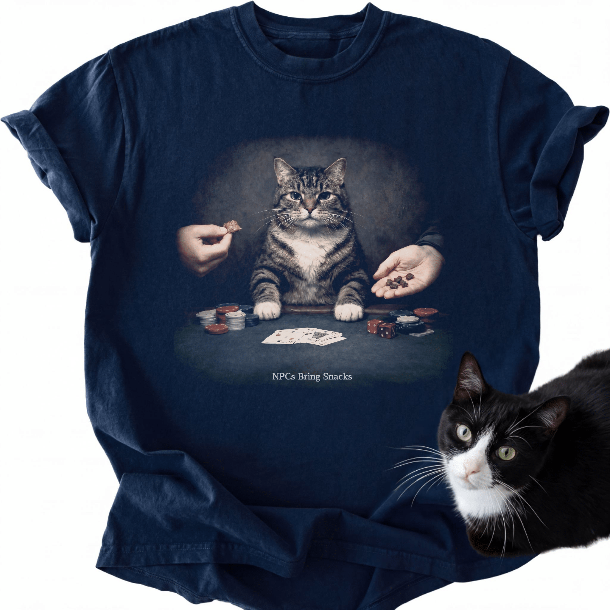 Dark navy cat graphic tee with 'NPCs Bring Snacks' text and poker scene
