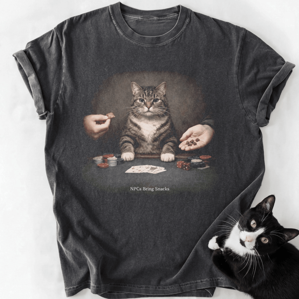 Gray heather vintage wash cat graphic tee with 'NPCs Bring Snacks' design
