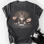 Gray heather vintage wash cat graphic tee with 'NPCs Bring Snacks' design