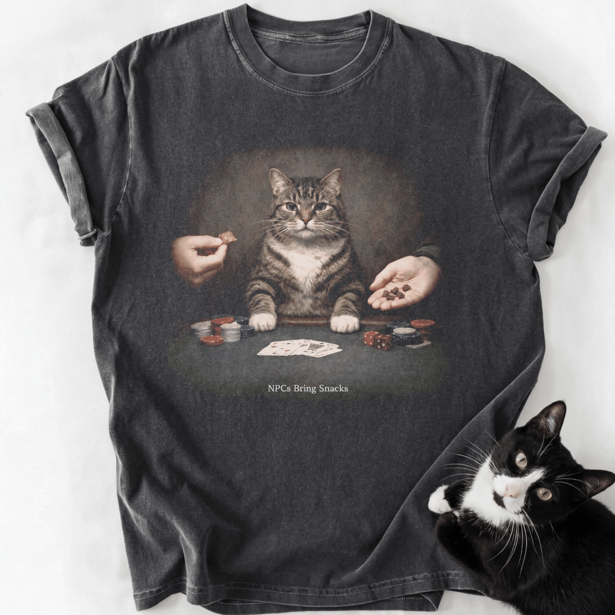Gray heather vintage wash cat graphic tee with 'NPCs Bring Snacks' design