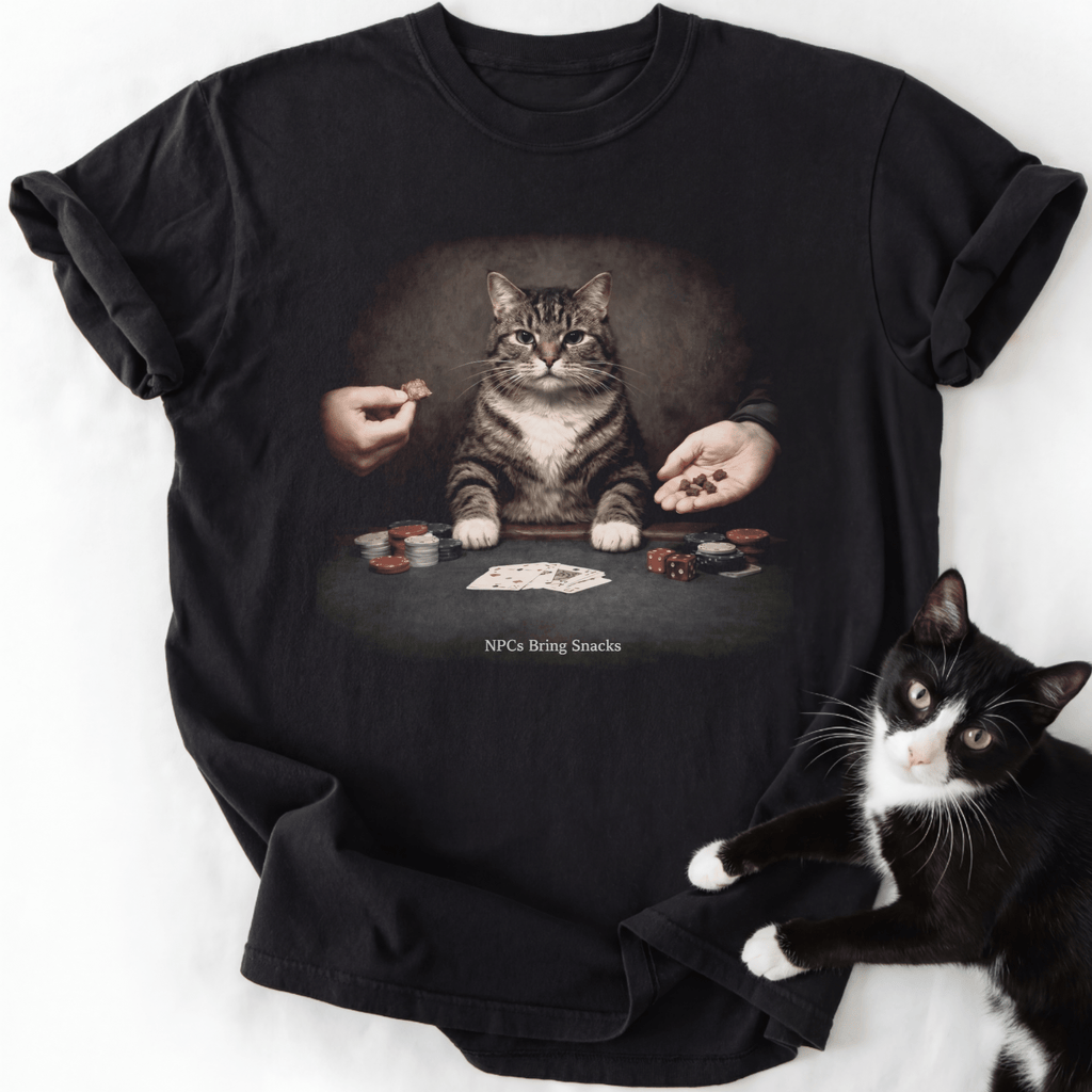 Black cat lover t-shirt featuring tabby cat playing cards and snack hands