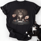 Black cat lover t-shirt featuring tabby cat playing cards and snack hands