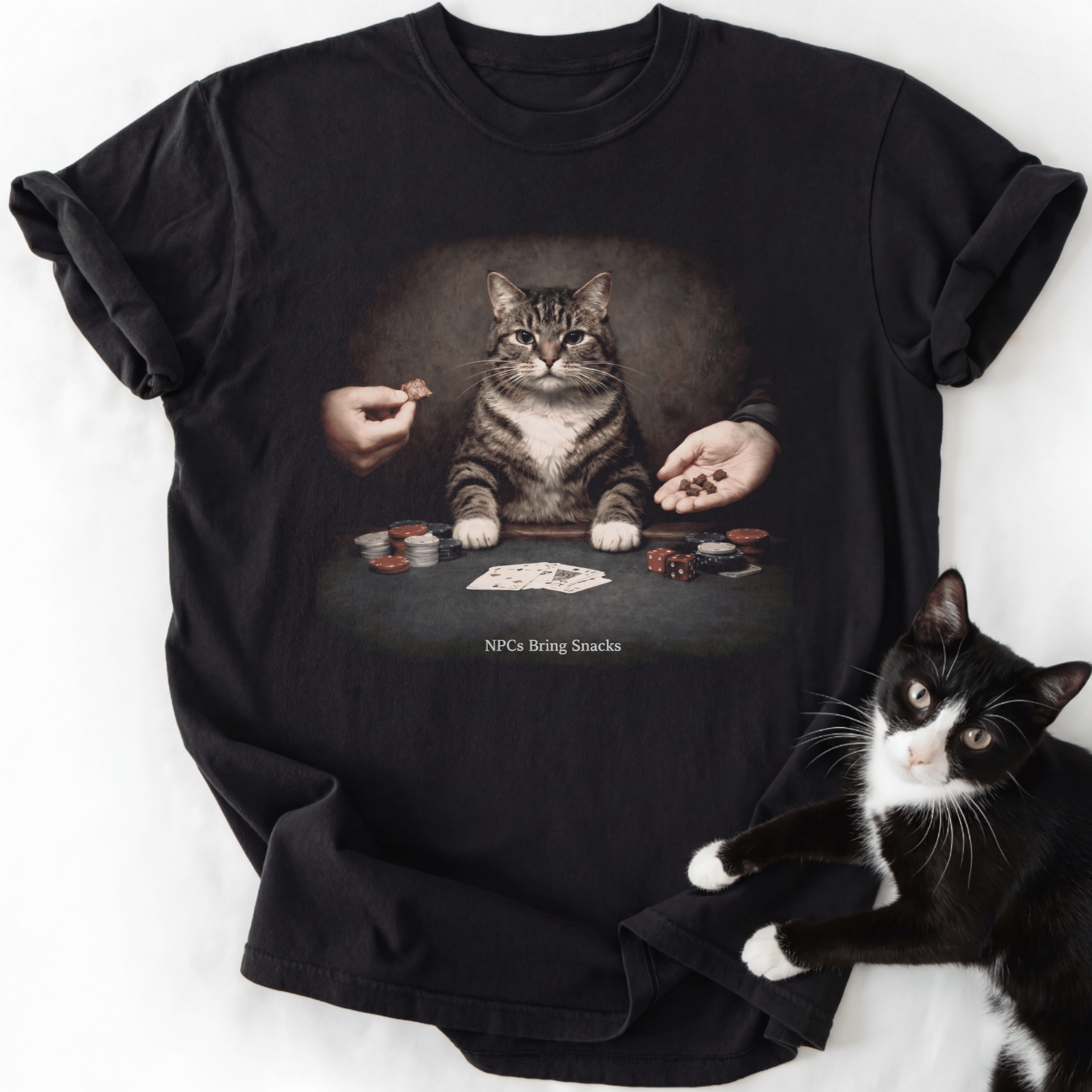 Black cat lover t-shirt featuring tabby cat playing cards and snack hands