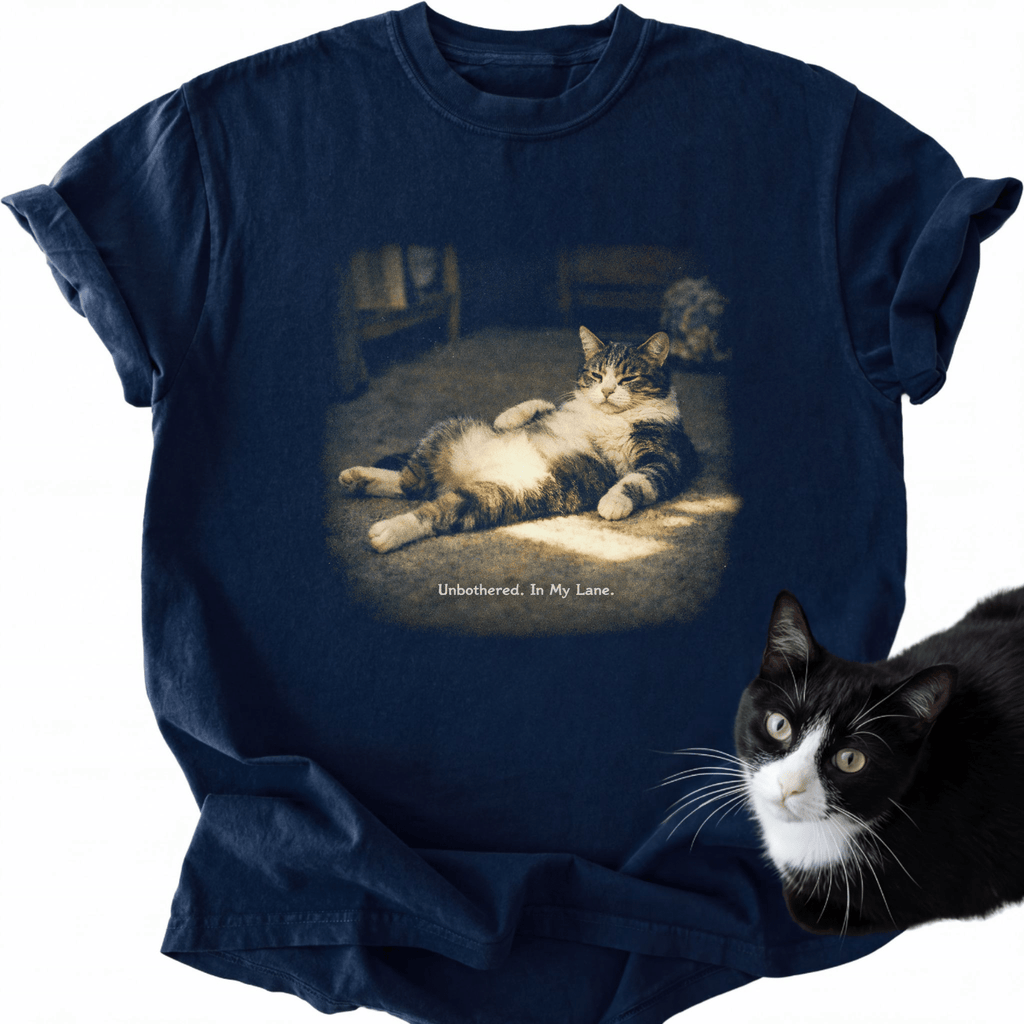 Navy blue garment-dyed t-shirt featuring sepia tabby cat photo and casual crew neck