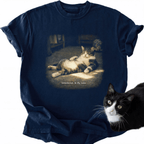 Navy blue garment-dyed t-shirt featuring sepia tabby cat photo and casual crew neck
