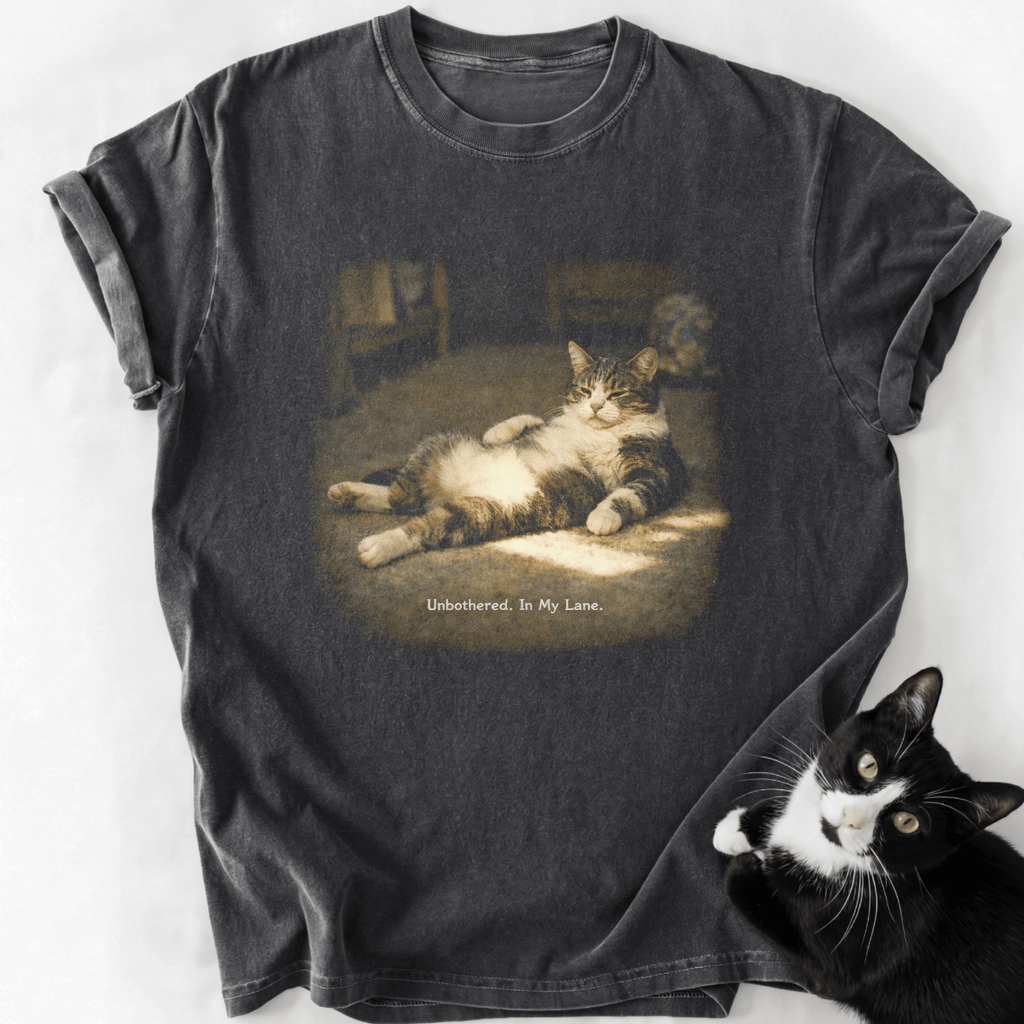 Dark gray heathered cotton tee with vintage cat design and soft-washed texture