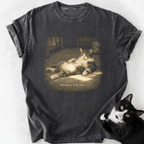 Dark gray heathered cotton tee with vintage cat design and soft-washed texture