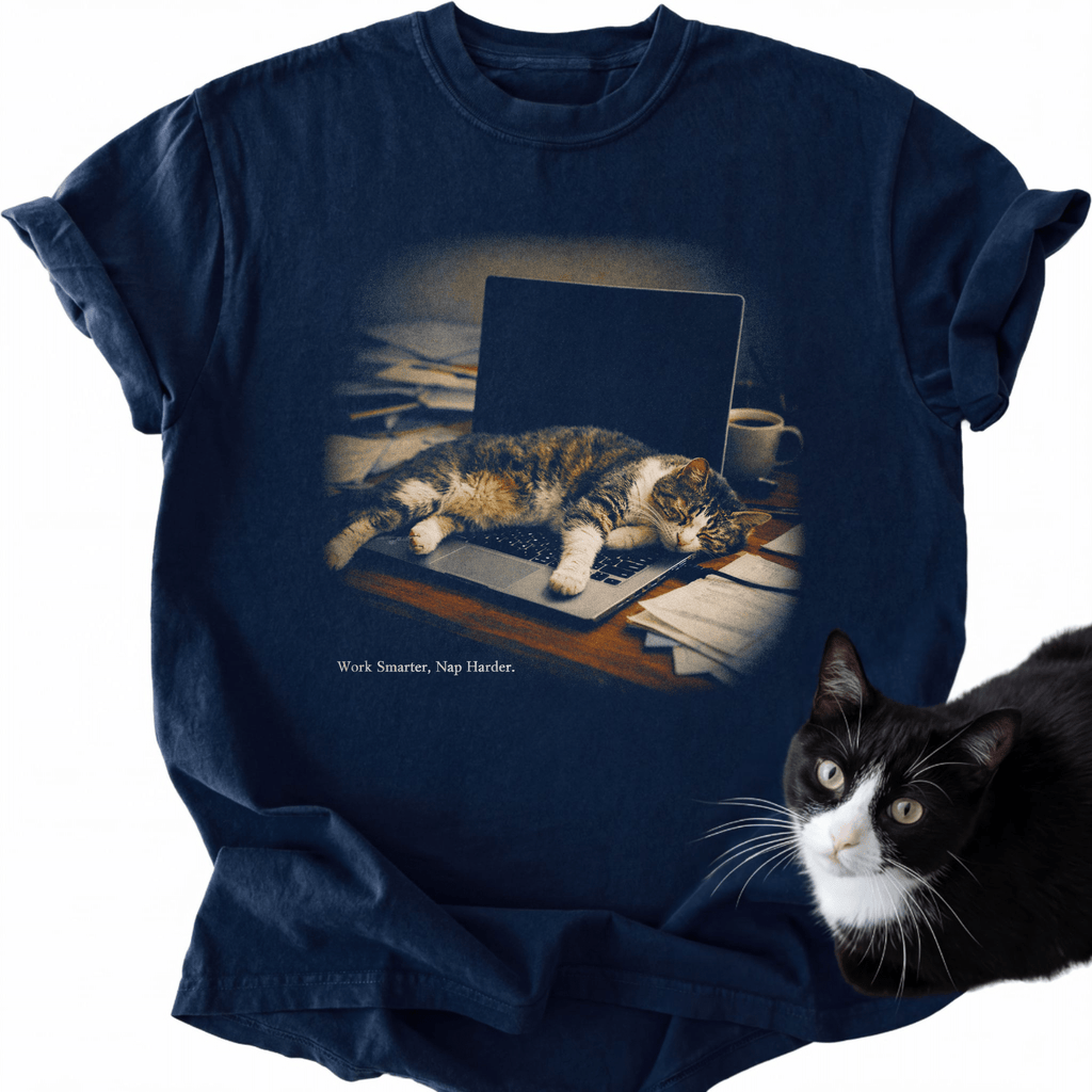 Navy garment-dyed cotton t-shirt with sleeping tabby cat on laptop graphic and 'Work Smarter, Nap Harder' text