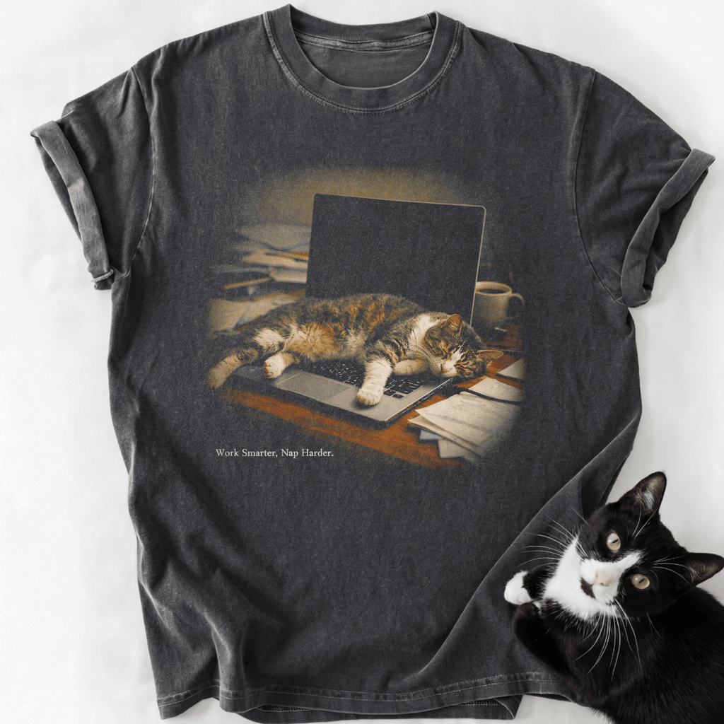 Stone-washed gray comfort colors t-shirt featuring cat napping on keyboard design and humorous work quote