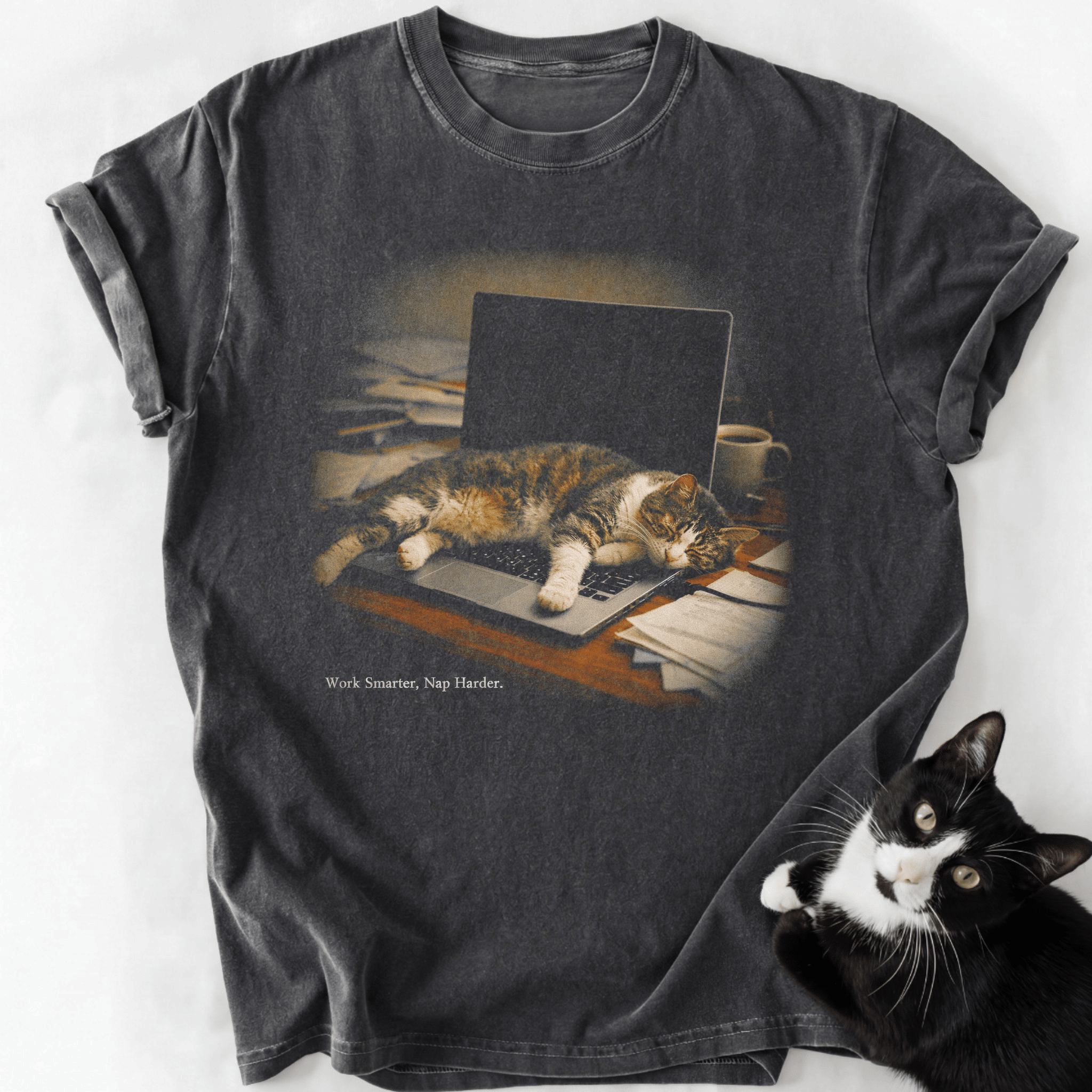 Stone-washed gray comfort colors t-shirt featuring cat napping on keyboard design and humorous work quote