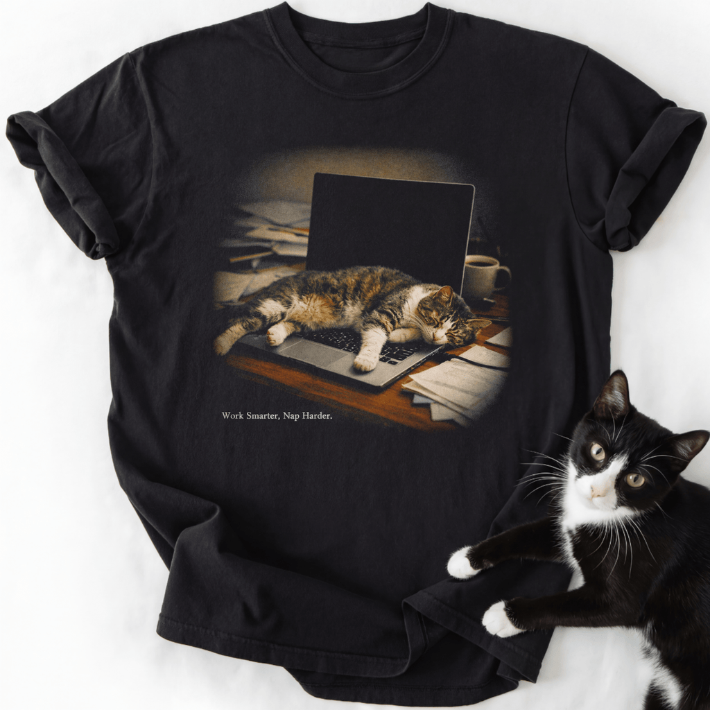 Black crew neck t-shirt with vintage cat photo collection graphic and 'Work Smarter, Nap Harder' slogan
