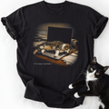 Black crew neck t-shirt with vintage cat photo collection graphic and 'Work Smarter, Nap Harder' slogan