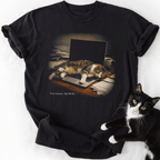 Black crew neck t-shirt with vintage cat photo collection graphic and 'Work Smarter, Nap Harder' slogan