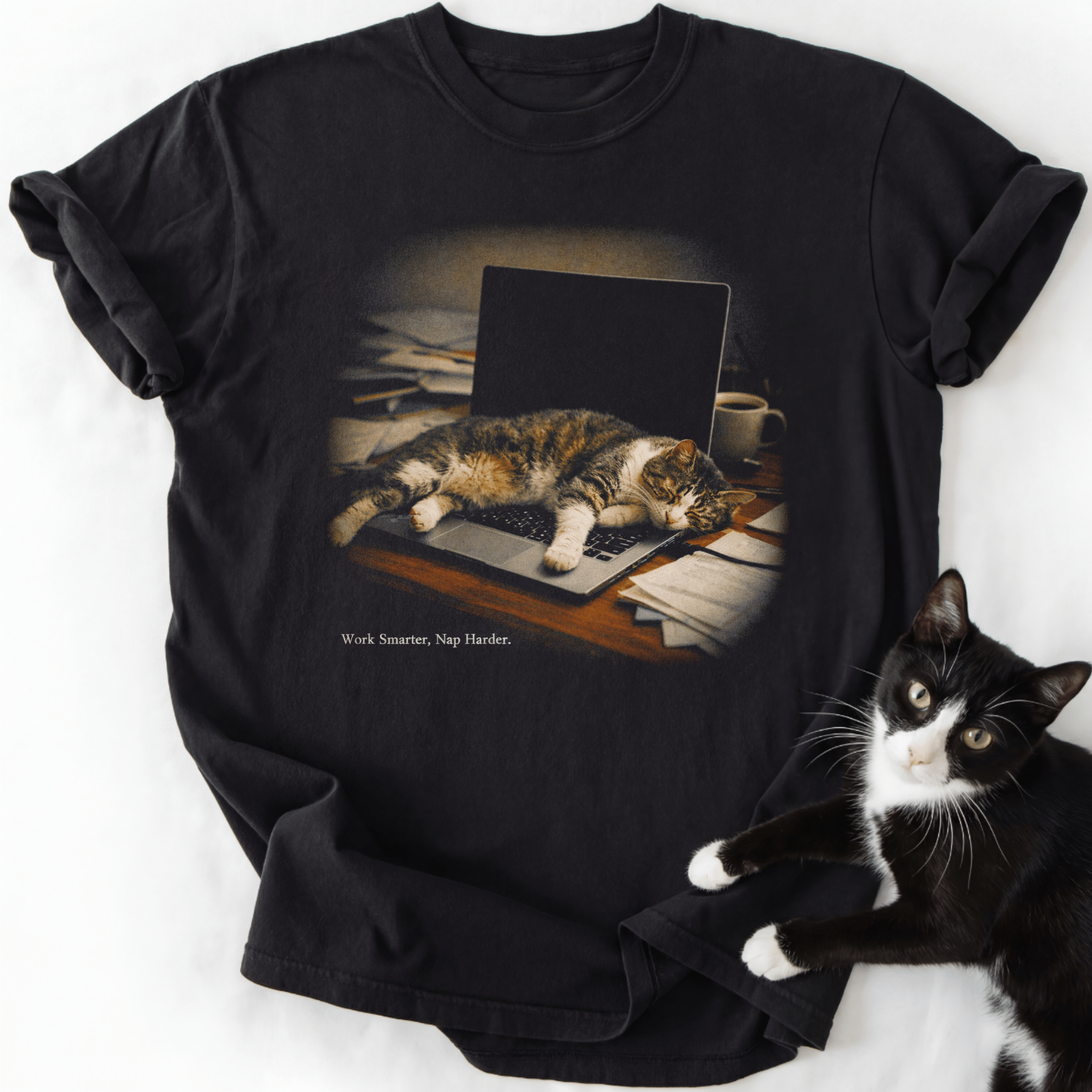 Black crew neck t-shirt with vintage cat photo collection graphic and 'Work Smarter, Nap Harder' slogan
