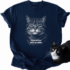 Navy blue garment-dyed t-shirt featuring funny cat meme and serious tabby graphic