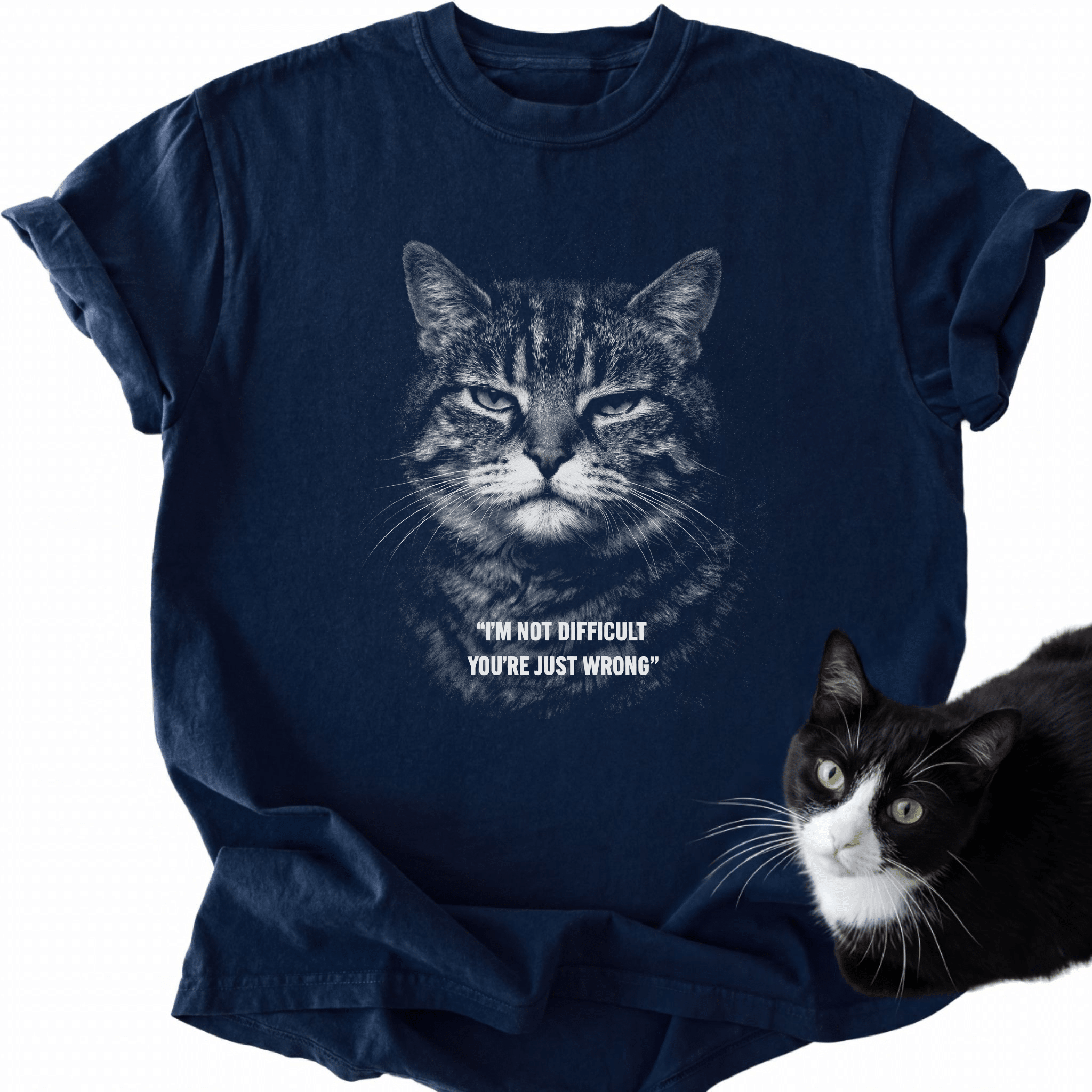 Navy blue garment-dyed t-shirt featuring funny cat meme and serious tabby graphic