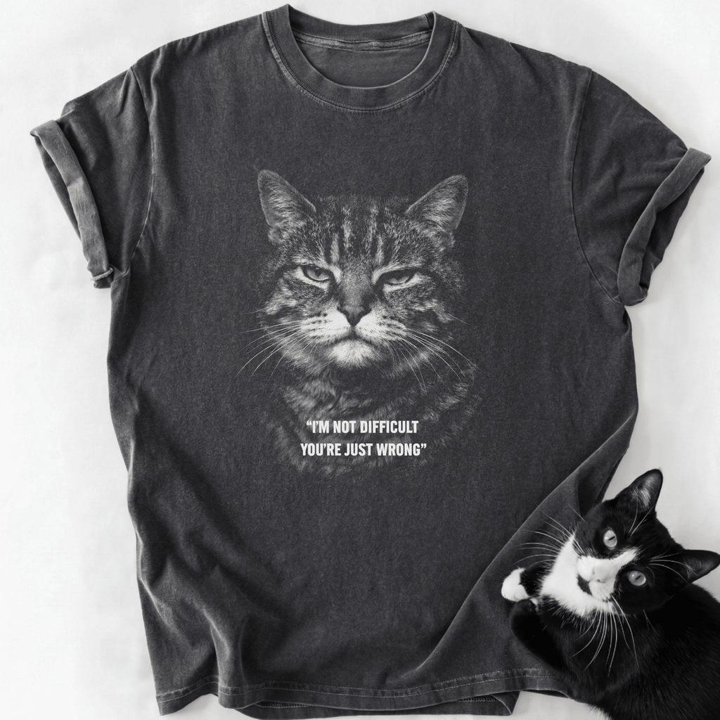 Dark gray relaxed fit cat lover shirt with 'I'm Not Difficult' quote and tabby art